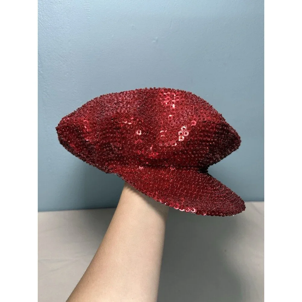 JC Red Sequin Beaded Newsboy Cap Hat Womens One Size Glitter Sparkle